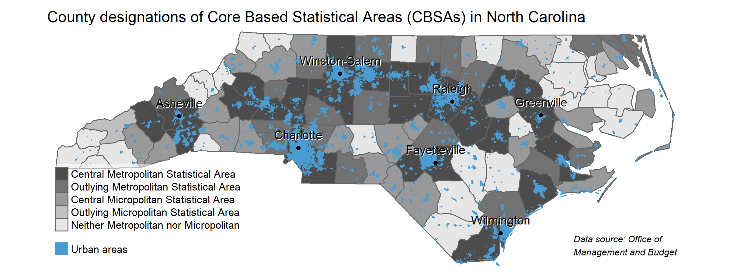 A map demonstrating which North Carolina Counties fall into the following set of categories: Central Metropolitan Statistical Areas, Outlying Metropolitan Statistical Areas, Central Micropolitan Statistical Areas, Outlying Micropolitan Statistical Areas, and Neither Metropolitan nor Micropolitan. The map also includes dot symbols that represent high population density areas.